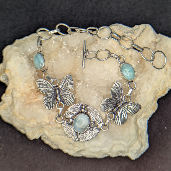 Natural Larimar Butterfly Bracelet - Picture 1 of 3